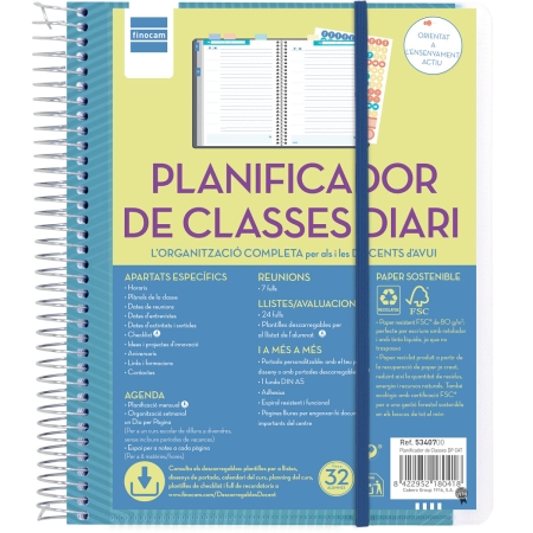 Finocam Organizacion Planificador de Clases sin Fechar en Catalan para Docentes - 1 Dia por Pagina - Formato 4º - 155x212mm - Tapas de Polipropileno - 1