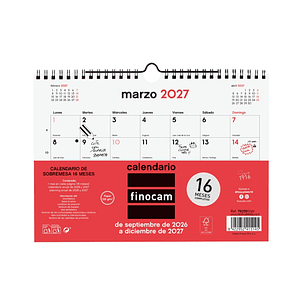 Finocam Neutro Calendario de Pared - 16 Meses - Mes Vista - Formato S - 210x150mm - Espiral Doble Metalica - Papel de 120g/m2 - Listado de Festivos - 