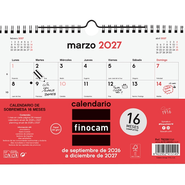 Finocam Neutro Calendario de Pared - 16 Meses - Mes Vista - Formato S - 210x150mm - Espiral Doble Metalica - Papel de 120g/m2 - Listado de Festivos -  1