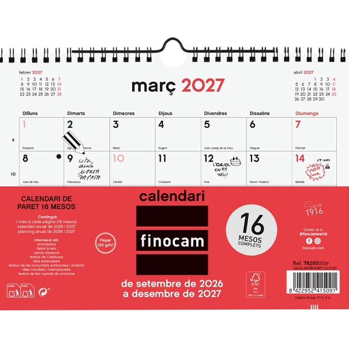Finocam Neutro Calendario de Pared en Catalan - 16 Meses - Mes Vista - Formato S - 210x150mm - Espiral Doble Metalica - Papel de 120g/m2 - Listado de  1
