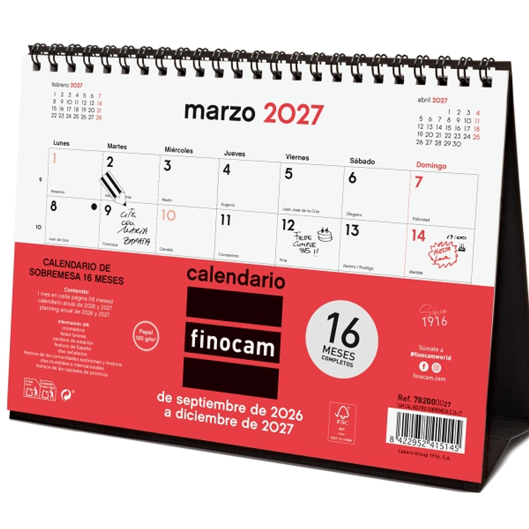 Finocam Neutro Calendario de Sobremesa - 16 Meses - Mes Vista - Formato S - 210x150mm - Espiral Doble Metalica - Papel de 120g/m2 - Listado de Festivo 1