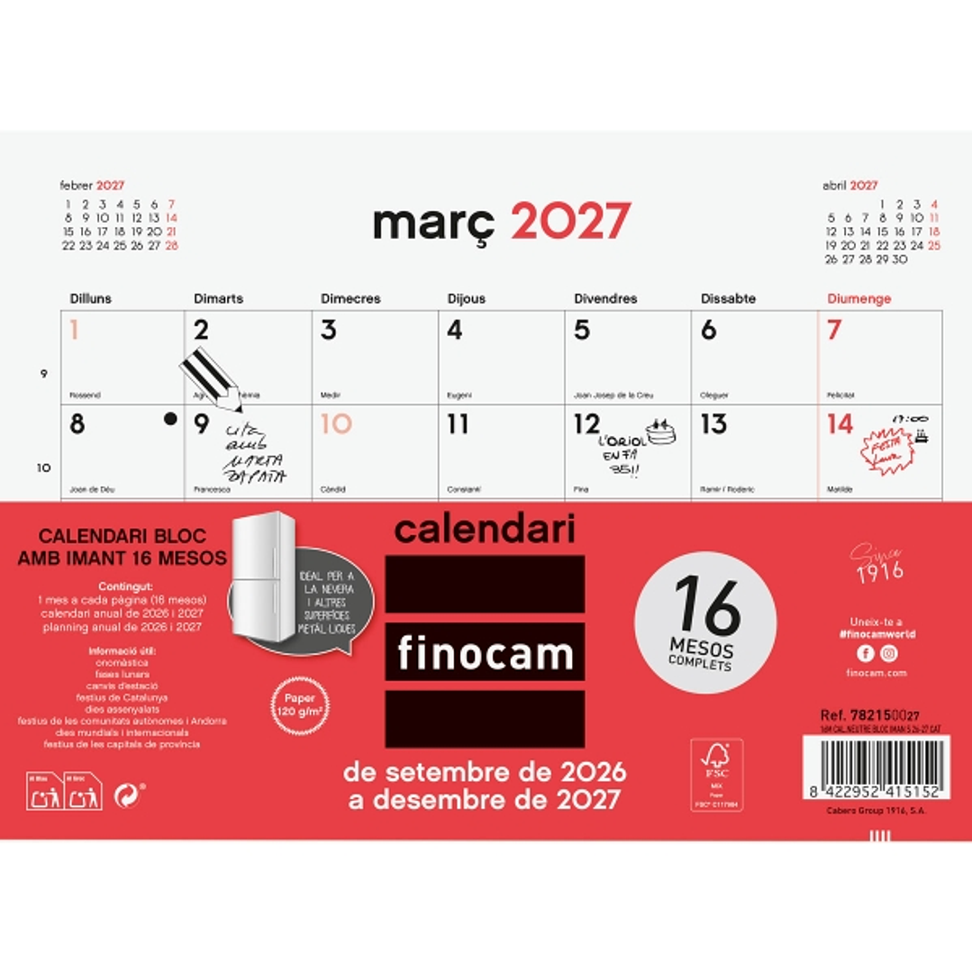 Finocam Neutro Bloc Calendario con Iman en Catalan - 16 Meses - Mes Vista - Formato S - 210x150mm - Listado de Festivos - Papel de 120g/m2 - Listado d 1