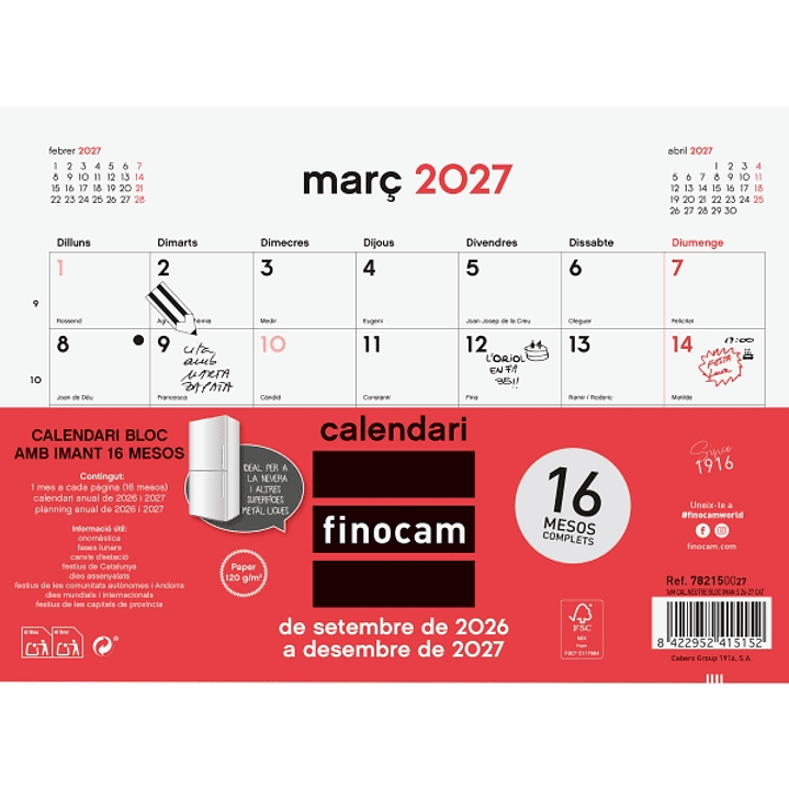 Finocam Neutro Bloc Calendario con Iman en Catalan - 16 Meses - Mes Vista - Formato S - 210x150mm - Listado de Festivos - Papel de 120g/m2 - Listado d 1