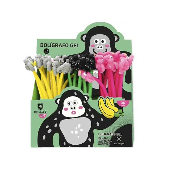 Bismark Animals Gorila Boligrafo Tacto Soft con Divertidos Gorilas - Punta Fina - Tinta Gel Color Negro - 3 Diseños Diferentes 1