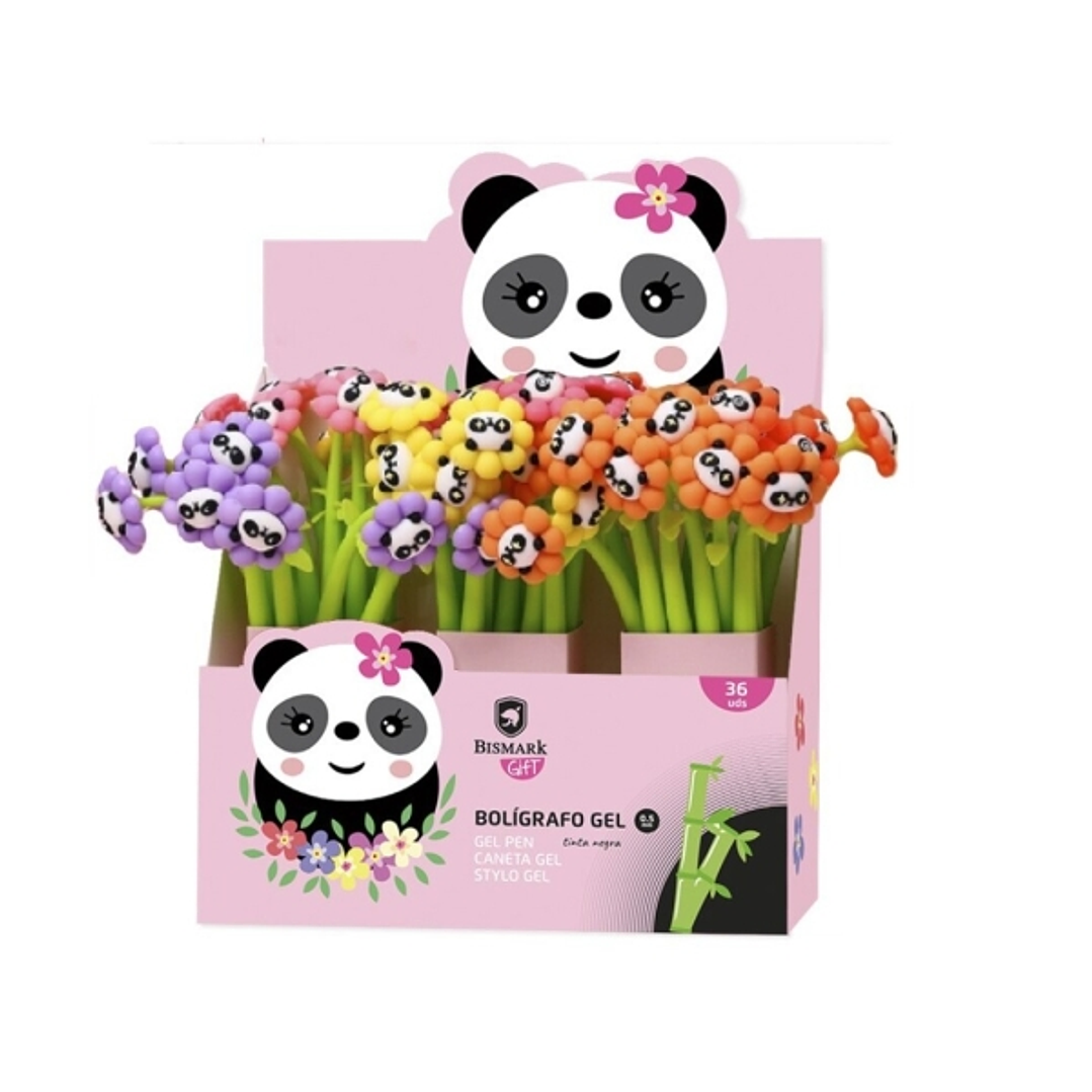 Bismark Animals Panda Boligrafo Tacto Soft con Flores y Cara de Panda - Punta Fina - Tinta Gel Color Negro - 6 Diseños Diferentes 1