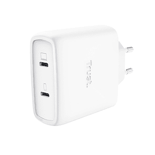 Trust Maxo Cargador de Pared - 65W - GaN - 2xUSB-C - Cable USB-C de 2m - Power Delivery - Plastico Reciclado - 30x63x97mm - Color Blanco