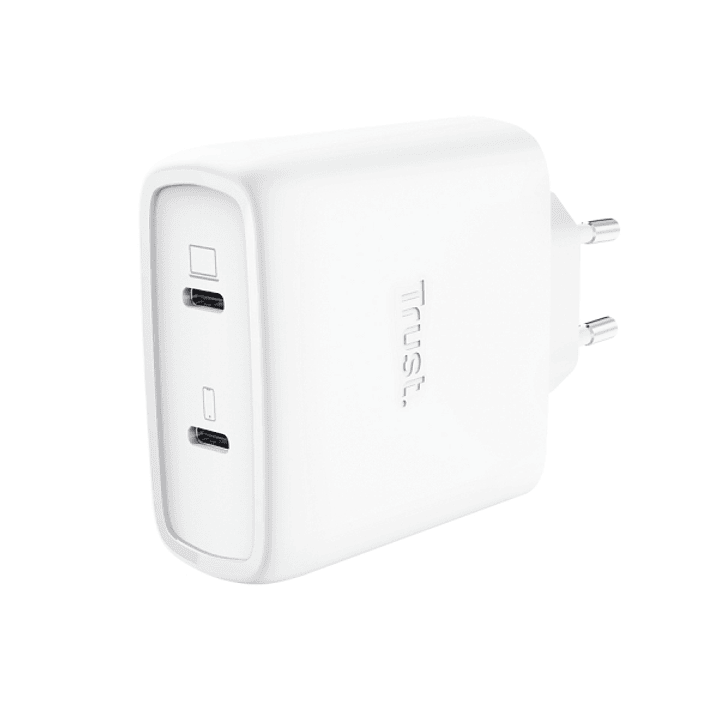 Trust Maxo Cargador de Pared - 65W - GaN - 2xUSB-C - Cable USB-C de 2m - Power Delivery - Plastico Reciclado - 30x63x97mm - Color Blanco 1