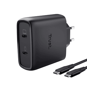 Trust Maxo Cargador de Pared - 65W - GaN - 2xUSB-C - Cable USB-C de 2m - Power Delivery - Plastico Reciclado - 30x63x97mm - Color Negro