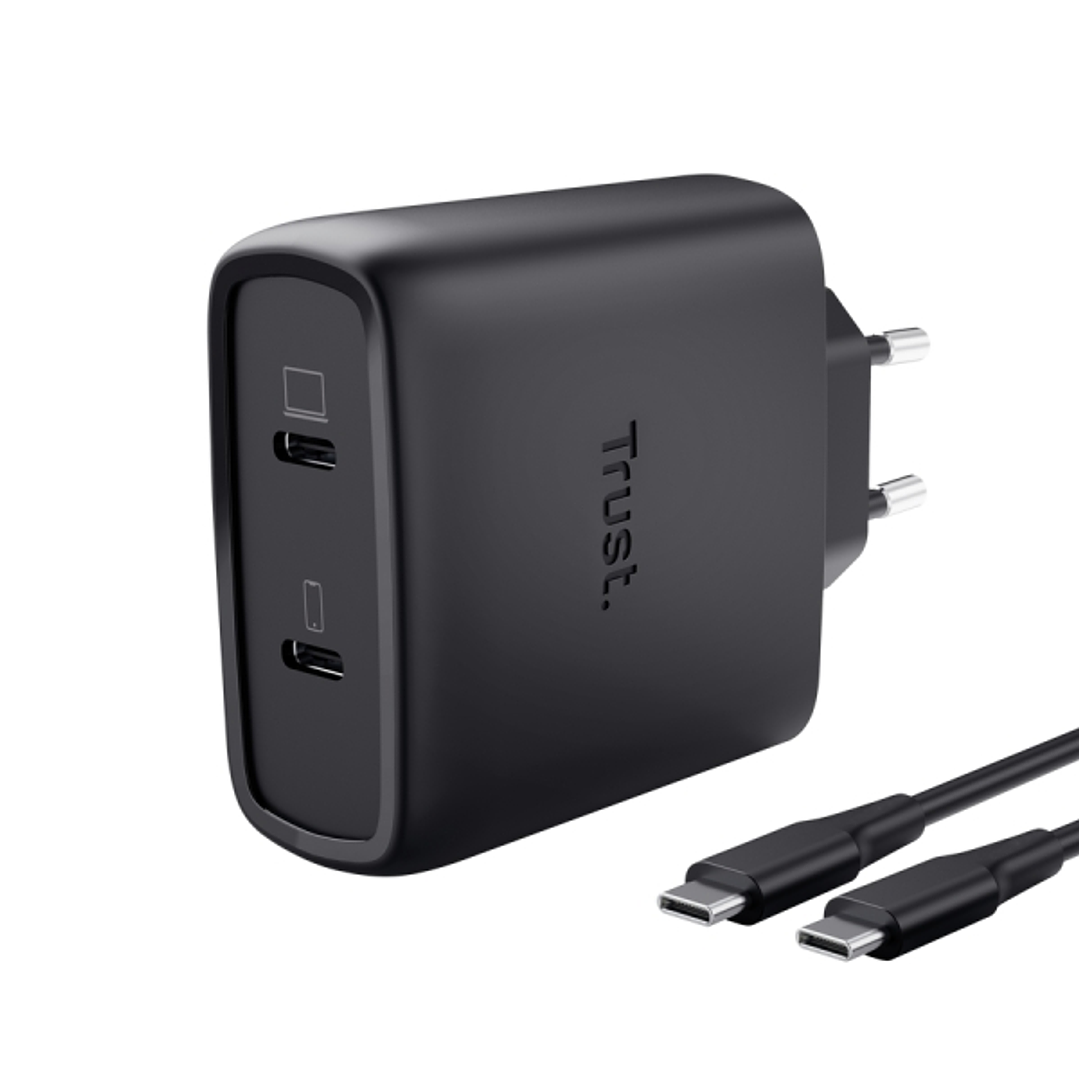 Trust Maxo Cargador de Pared - 65W - GaN - 2xUSB-C - Cable USB-C de 2m - Power Delivery - Plastico Reciclado - 30x63x97mm - Color Negro 1