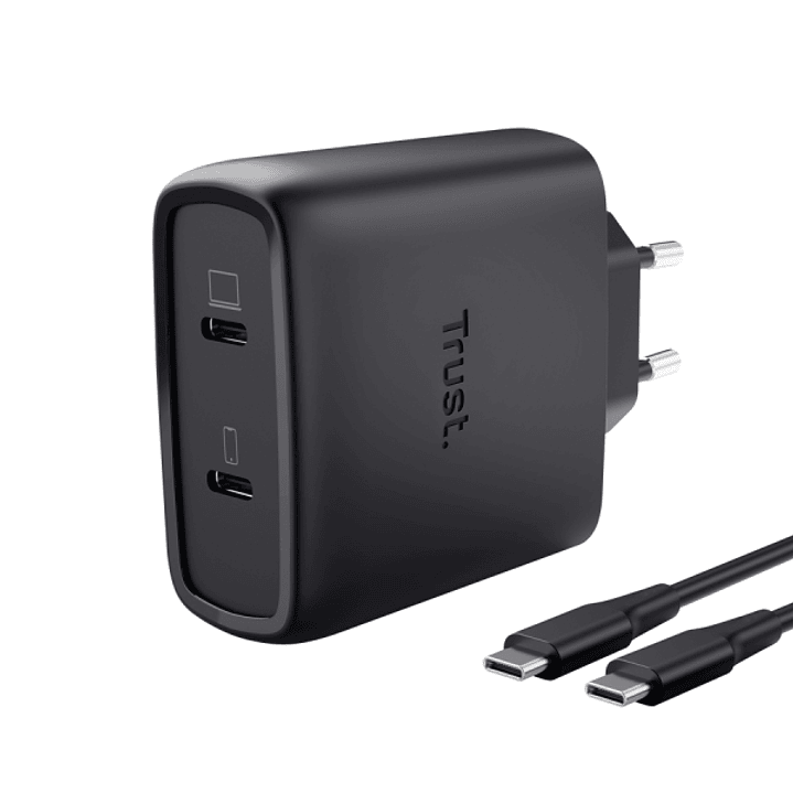 Trust Maxo Cargador de Pared - 65W - GaN - 2xUSB-C - Cable USB-C de 2m - Power Delivery - Plastico Reciclado - 30x63x97mm - Color Negro 1
