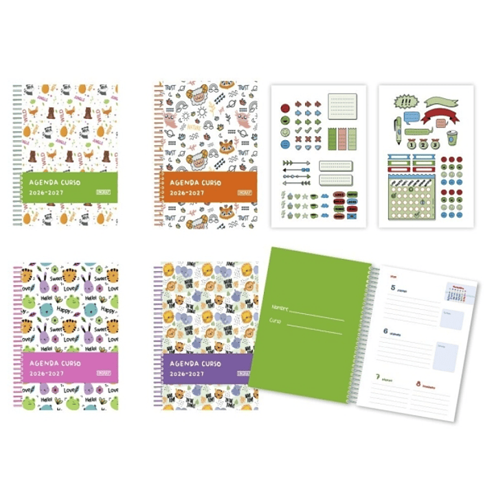 Bismark Animals Agenda Escolar 26-27 Semana Vista A5 - Tapa de Carton Forrada - Hojas Interiores de Color - Planning Mensual - 2 Hojas de Pegatinas -  1
