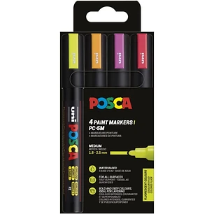 Posca PC-5M Pack de 4 Marcadores de Pintura - Punta de Bala 1.8-2.5mm - Tinta Base al Agua - No Permanente - Resistente a la Luz - Colores Fluor Surti