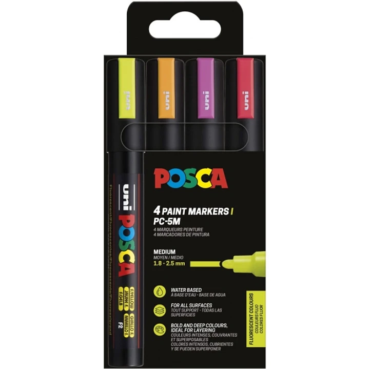 Posca PC-5M Pack de 4 Marcadores de Pintura - Punta de Bala 1.8-2.5mm - Tinta Base al Agua - No Permanente - Resistente a la Luz - Colores Fluor Surti 1