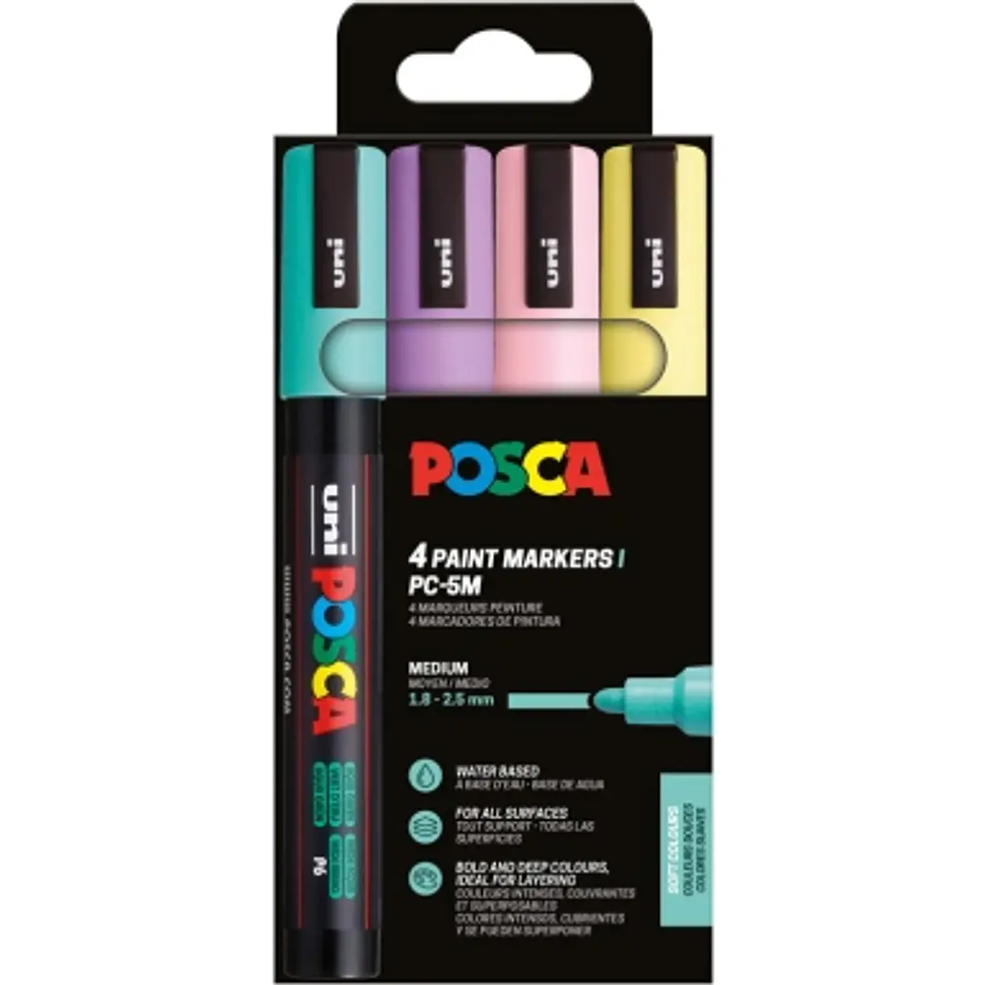 Posca PC3M Pack de 4 Marcadores de Pintura - Punta Conica 0.9-1.3mm - Tinta Base al Agua - Resistente a la Luz - No Permanente - Ideal para Carteleria 1