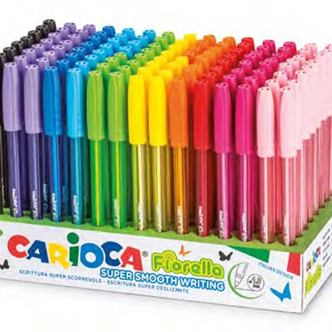 Carioca Fiorella Expositor con 120 Boligrafos de Colores Tinta Gel - Punta de Bola 1mm - Cuerpo Transparente de Colores - Colores Surtidos 1