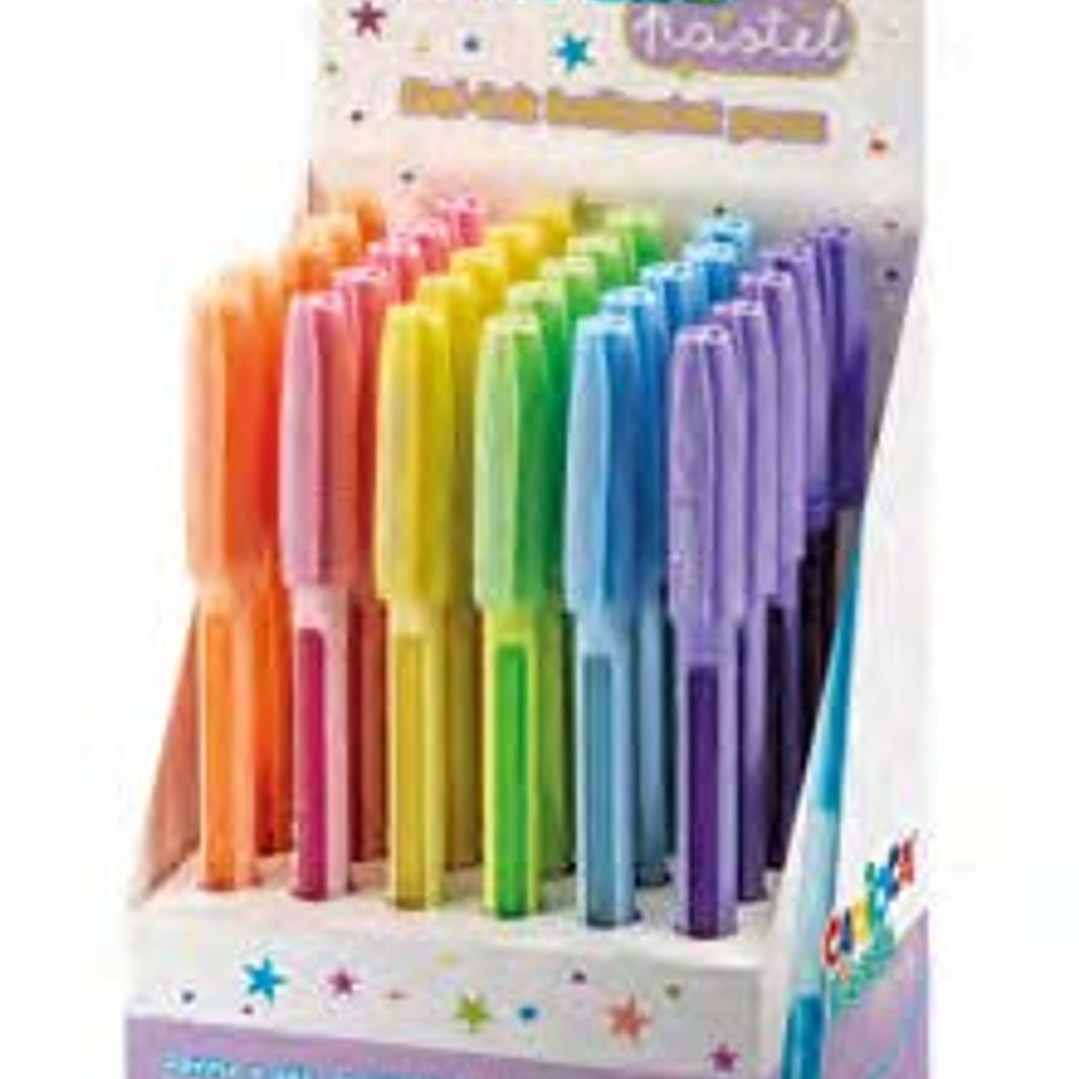 Carioca Fiorella Expositor con 30 Boligrafos de Colores Tinta Gel - Punta de Bola 1mm - Cuerpo Transparente Pastel - Colores Pastel Surtidos 1