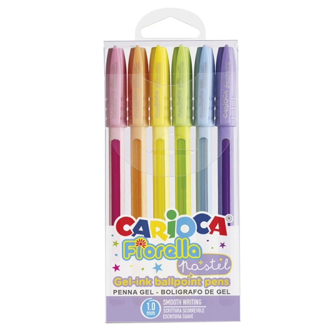 Carioca Fiorella Pack de 6 Boligrafos de Colores Tinta Gel - Punta de Bola 1mm - Cuerpo Transparente Pastel - Colores Pastel Surtidos 1