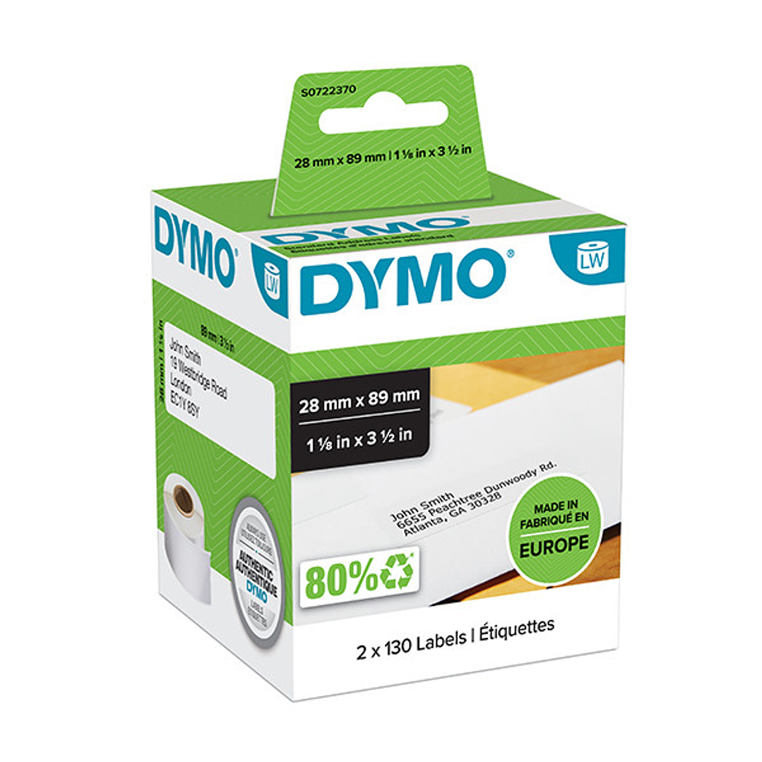 Dymo 99010 Pack de 2 Rollos de Etiquetas Original para Rotuladora - 130 Etiquetas por Rollo - Medidas 28mm x 89mm - Color Blanco 1