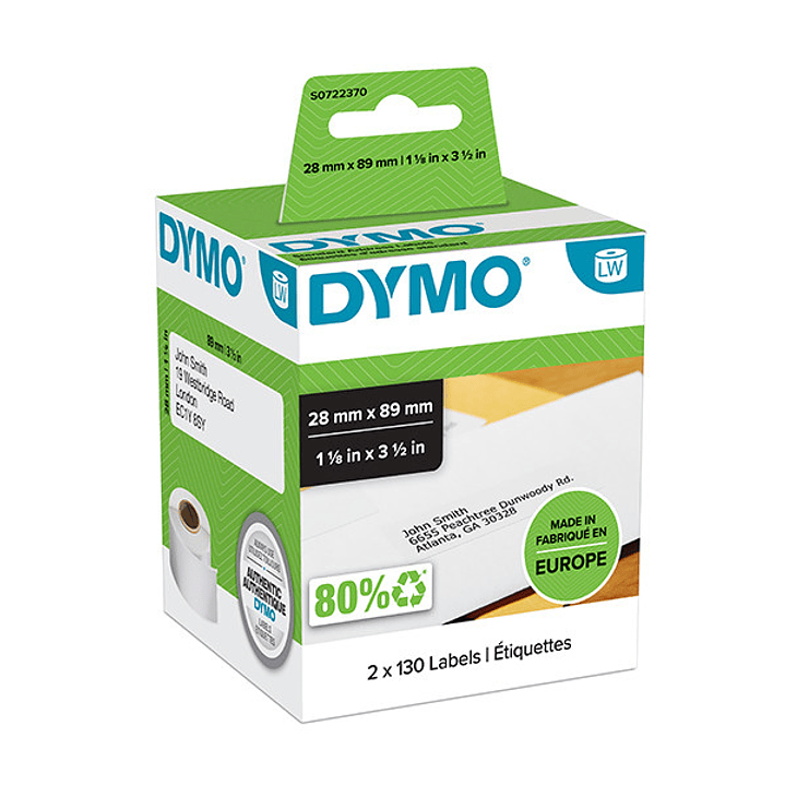 Dymo 99010 Pack de 2 Rollos de Etiquetas Original para Rotuladora - 130 Etiquetas por Rollo - Medidas 28mm x 89mm - Color Blanco 1