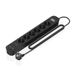 Aisens Regleta con 6 Tomas Schuko - 2xUSB-C - 2xUSB-A - Cable de 1.4m - Interruptor con Indicador LED - Power Delivery - Qualcomm 3.0 - Color Negro