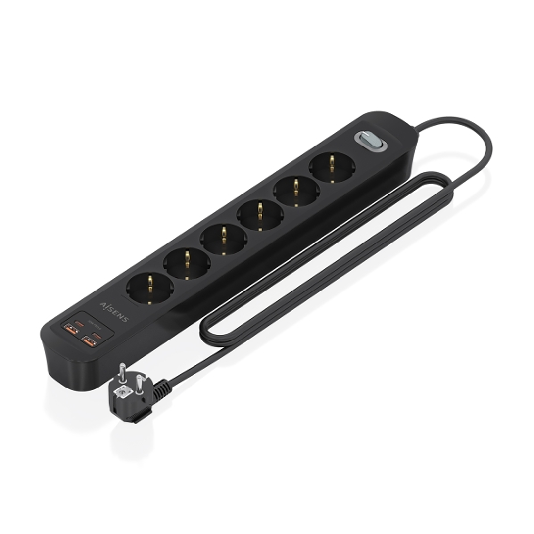 Aisens Regleta con 6 Tomas Schuko - 2xUSB-C - 2xUSB-A - Cable de 1.4m - Interruptor con Indicador LED - Power Delivery - Qualcomm 3.0 - Color Negro 1