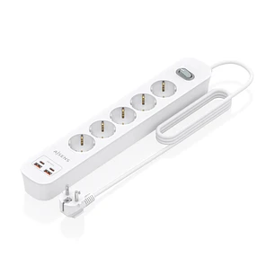 Aisens Regleta con 5 Tomas Schuko - 2xUSB-C - 2xUSB-A - Cable de 1.4m - Interruptor con Indicador LED - Power Delivery - Qualcomm 3.0 - Color Blanco