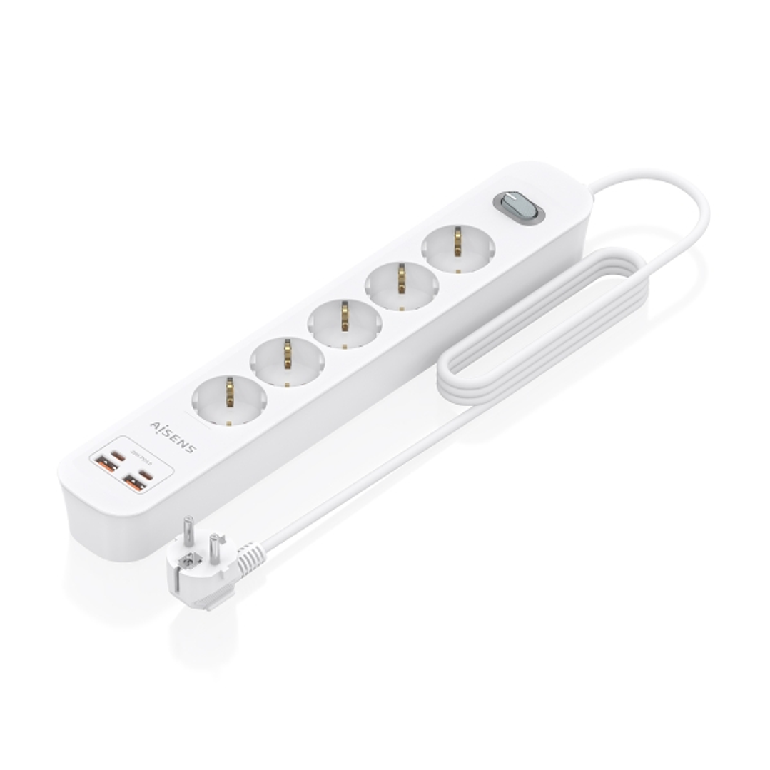 Aisens Regleta con 5 Tomas Schuko - 2xUSB-C - 2xUSB-A - Cable de 1.4m - Interruptor con Indicador LED - Power Delivery - Qualcomm 3.0 - Color Blanco 1