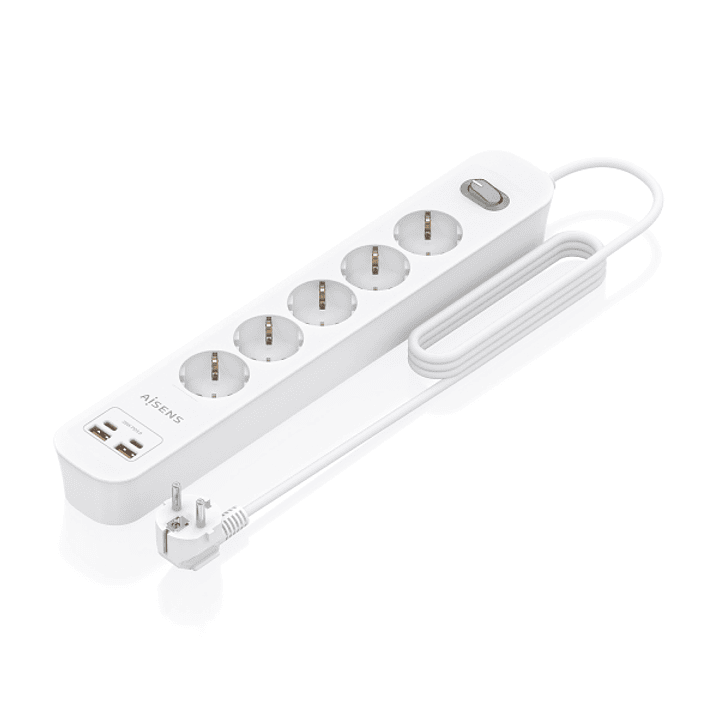 Aisens Regleta con 5 Tomas Schuko - 2xUSB-C - 2xUSB-A - Cable de 1.4m - Interruptor con Indicador LED - Power Delivery - Qualcomm 3.0 - Color Blanco 1