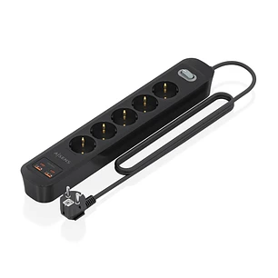 Aisens Regleta con 5 Tomas Schuko - 2xUSB-C - 2xUSB-A - Cable de 1.4m - Interruptor con Indicador LED - Power Delivery - Qualcomm 3.0 - Color Negro