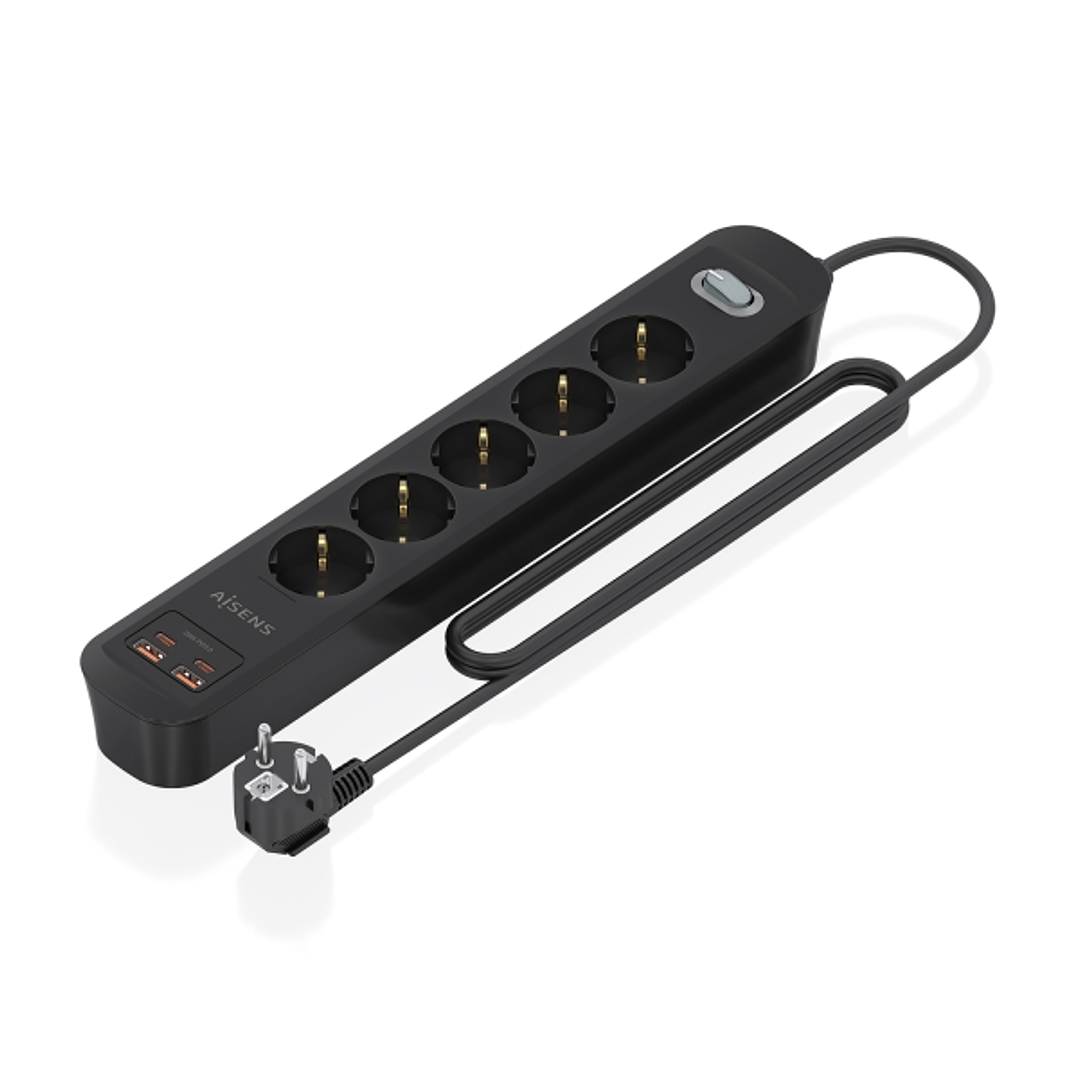 Aisens Regleta con 5 Tomas Schuko - 2xUSB-C - 2xUSB-A - Cable de 1.4m - Interruptor con Indicador LED - Power Delivery - Qualcomm 3.0 - Color Negro 1