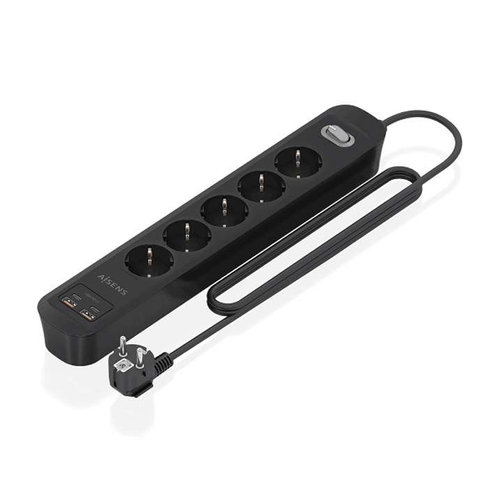 Aisens Regleta con 5 Tomas Schuko - 2xUSB-C - 2xUSB-A - Cable de 1.4m - Interruptor con Indicador LED - Power Delivery - Qualcomm 3.0 - Color Negro 1
