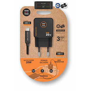 TechOneTech Cargador de Pared Ultrarrápido GaN 20W Negro + Cable USB-C