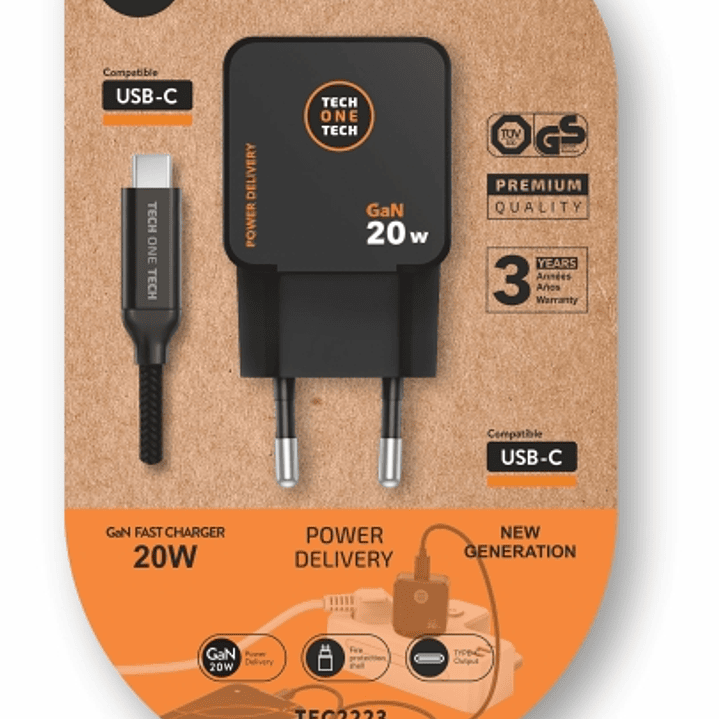 TechOneTech Cargador de Pared Ultrarrápido GaN 20W Negro + Cable USB-C 1
