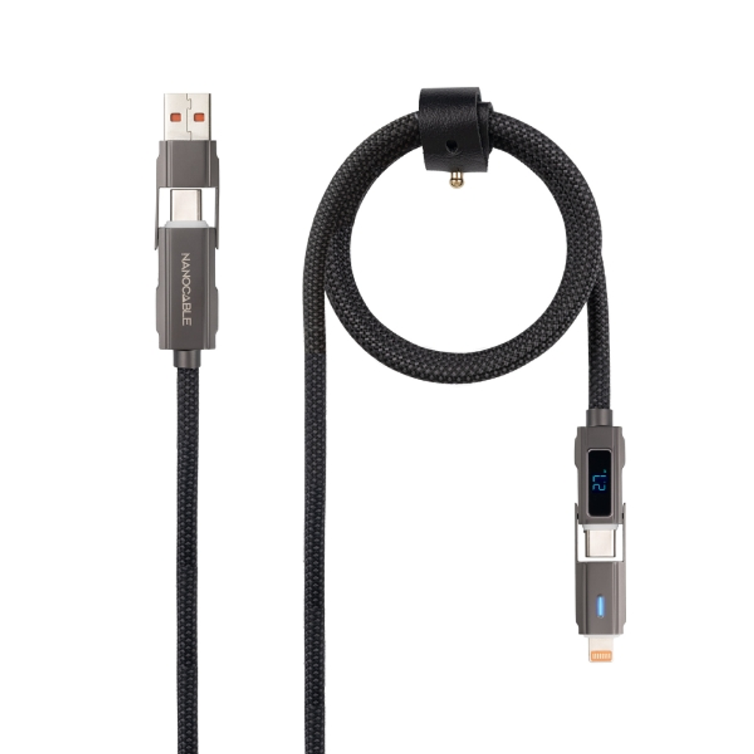 Nanocable Cable USB-C 4 en 1 - Soporta hasta 27W - Longitud 1m - Adaptador USB-A y Lightning Integrado - Pantalla Digital - Algodon Trenzado - Color N 1