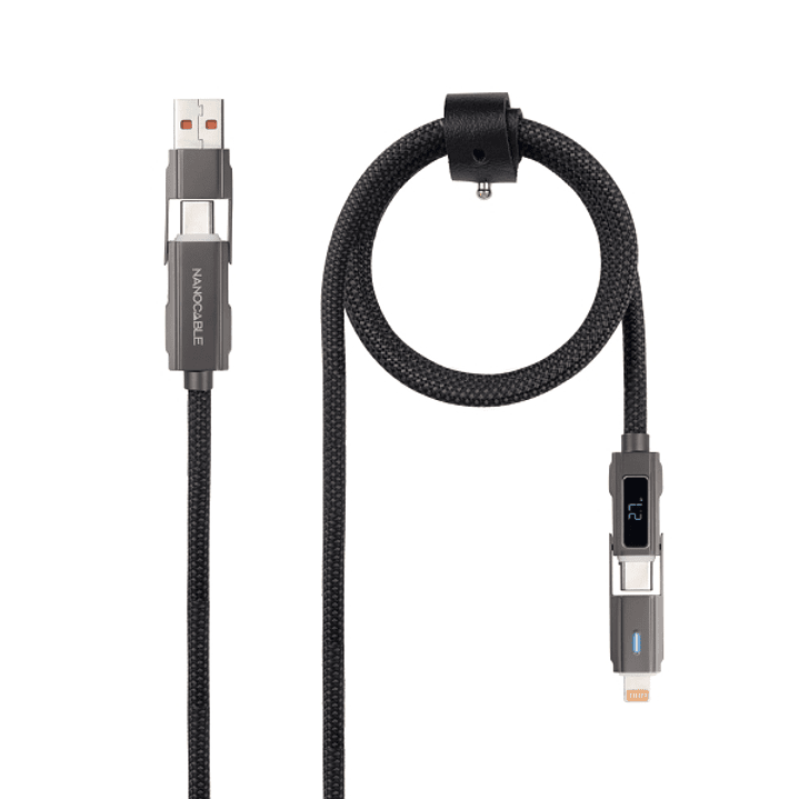 Nanocable Cable USB-C 4 en 1 - Soporta hasta 27W - Longitud 1m - Adaptador USB-A y Lightning Integrado - Pantalla Digital - Algodon Trenzado - Color N 1
