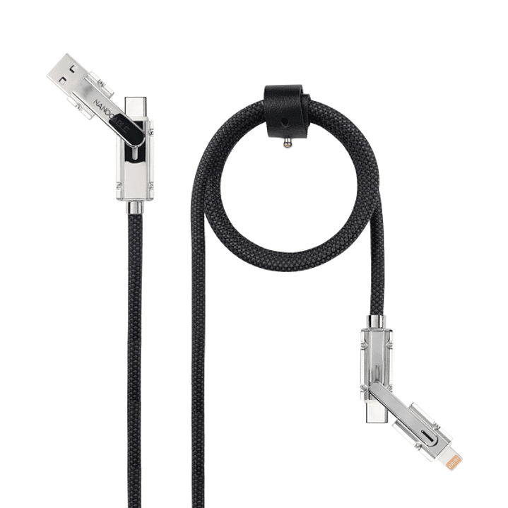 Nanocable Cable USB-C 4 en 1 - Soporta hasta 27W - Longitud 1m - Adaptador USB-A y Lightning Integrado - Indicador LED - Algodon Trenzado - Color Negr 1