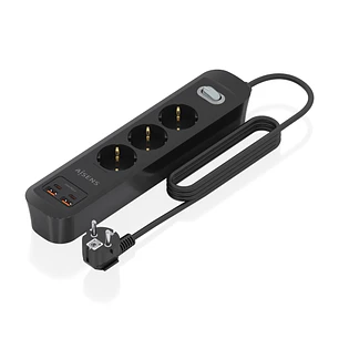 Aisens Regleta con 3 Tomas Schuko - 2xUSB-C - 2xUSB-A - Cable de 1.4m - Interruptor con Indicador LED - Power Delivery - Qualcomm 3.0 - Color Negro