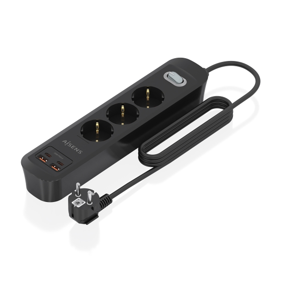 Aisens Regleta con 3 Tomas Schuko - 2xUSB-C - 2xUSB-A - Cable de 1.4m - Interruptor con Indicador LED - Power Delivery - Qualcomm 3.0 - Color Negro 1
