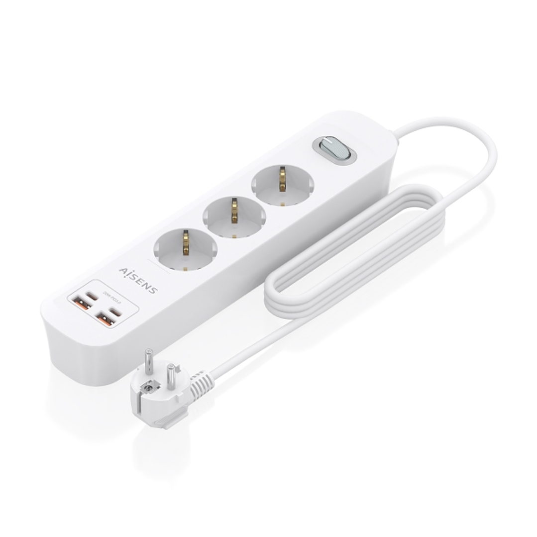 Aisens Regleta con 3 Tomas Schuko - 2xUSB-C - 2xUSB-A - Cable de 1.4m - Interruptor con Indicador LED - Power Delivery 3.0 - Qualcomm 3.0 - Color Blan 1