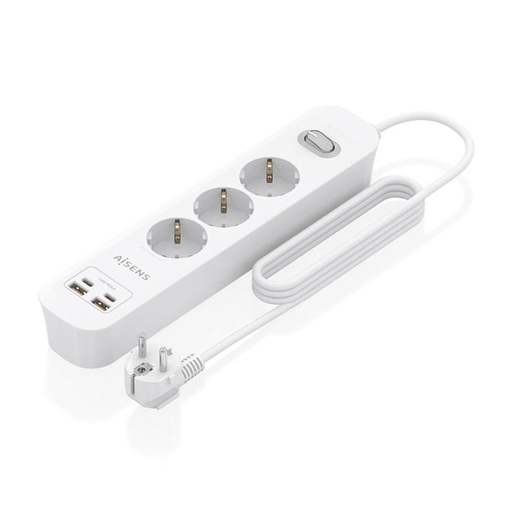 Aisens Regleta con 3 Tomas Schuko - 2xUSB-C - 2xUSB-A - Cable de 1.4m - Interruptor con Indicador LED - Power Delivery 3.0 - Qualcomm 3.0 - Color Blan 1
