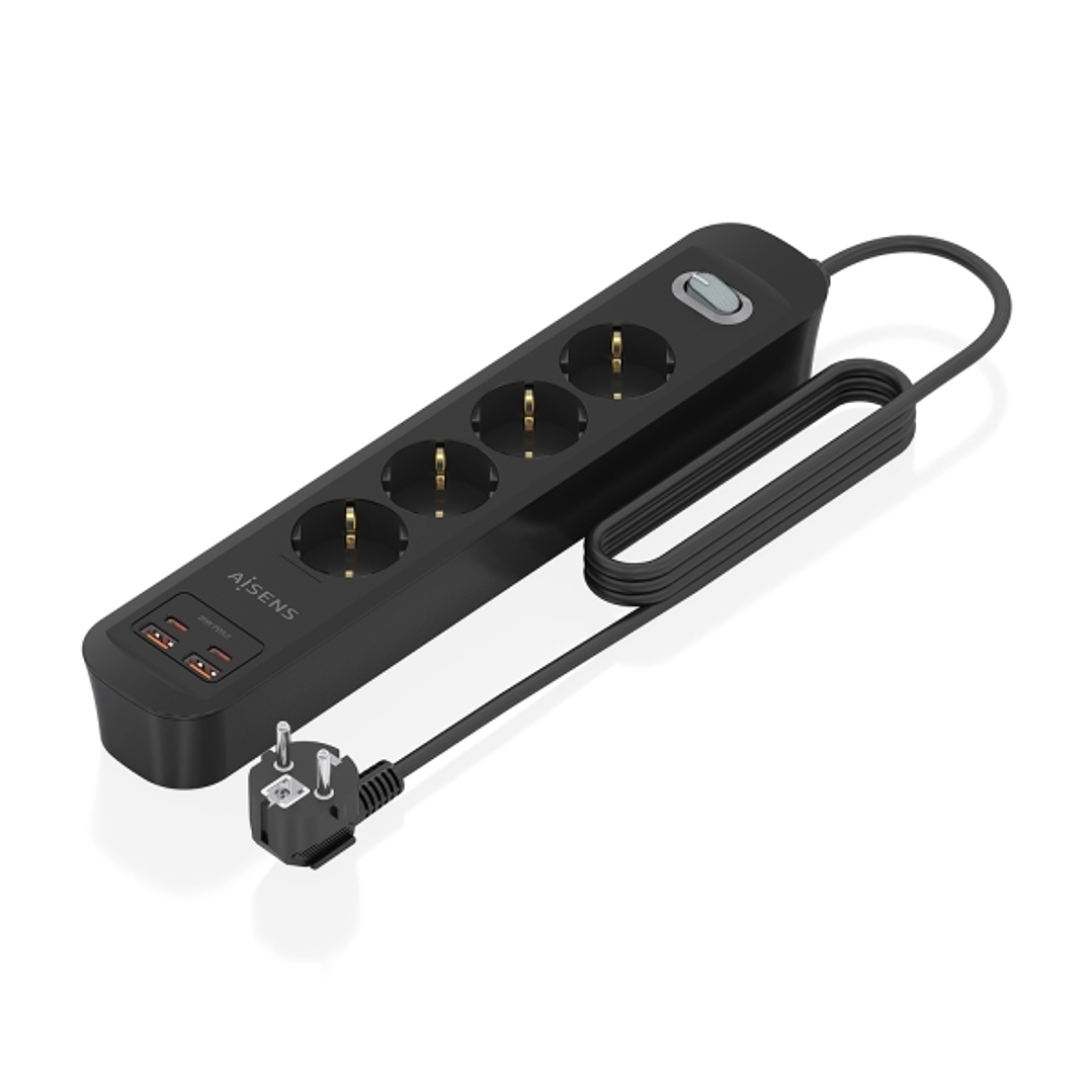 Aisens Regleta con 4 Tomas Schuko - 2xUSB-C - 2xUSB-A - Cable de 1.4m - Interruptor con Indicador LED - Power Delivery - Qualcomm 3.0 - Color Negro 1