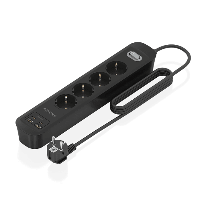 Aisens Regleta con 4 Tomas Schuko - 2xUSB-C - 2xUSB-A - Cable de 1.4m - Interruptor con Indicador LED - Power Delivery - Qualcomm 3.0 - Color Negro 1