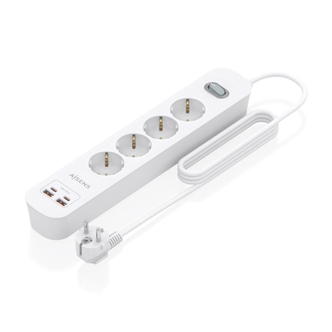 Aisens Regleta con 4 Tomas Schuko - 2xUSB-C - 2xUSB-A - Cable de 1.4m - Interruptor con Indicador LED - Power Delivery - Qualcomm 3.0 - Color Blanco 1