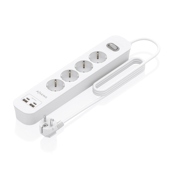 Aisens Regleta con 4 Tomas Schuko - 2xUSB-C - 2xUSB-A - Cable de 1.4m - Interruptor con Indicador LED - Power Delivery - Qualcomm 3.0 - Color Blanco 1