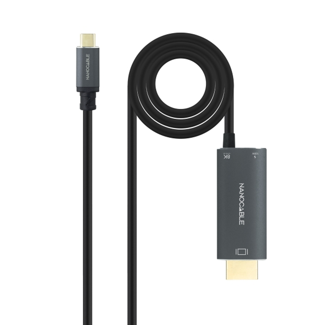 Nanocable Cable Adaptador USB-C a HDMI - Longitud 1.8m - Resolucion 8K - Carcasa Metalica de Aluminio - 195x230x20mm - Color Gris Oscuro 1