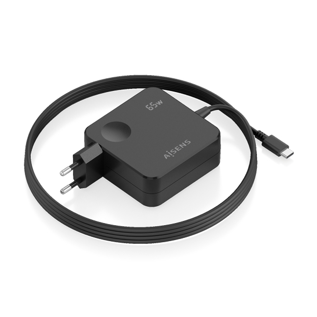 Aisens Cargador de Pared - Cable USB-C Integrado de 1.5m - 65W - Power Delivery 3.0 - Multiples Protecciones de Seguridad - Color Negro 1