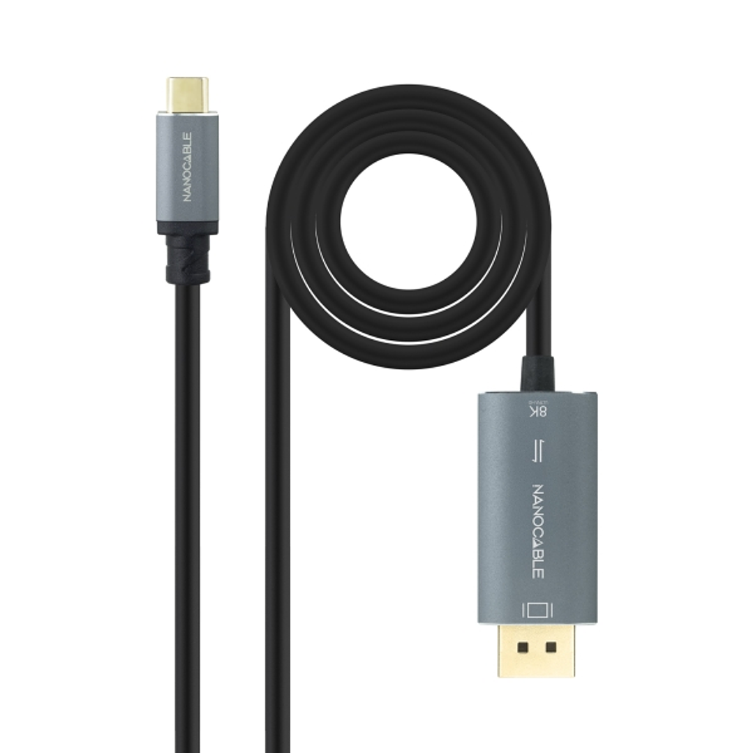Nanocable Cable Adaptador USB-C a Displayport - Bidireccional - Longitud 2m - Resolucion 8K - Carcasa Metalica de Aluminio - Compatible con HDR - Colo 1