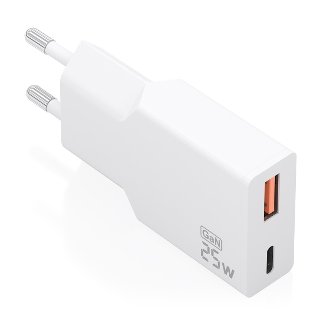 Aisens Cargador de Pared - 25W - GaN - 1xUSB-C - 1xUSB-A - Power Delivery 3.0 - Ultra Delgado - Multiples Protecciones de Seguridad - Color Blanco 1