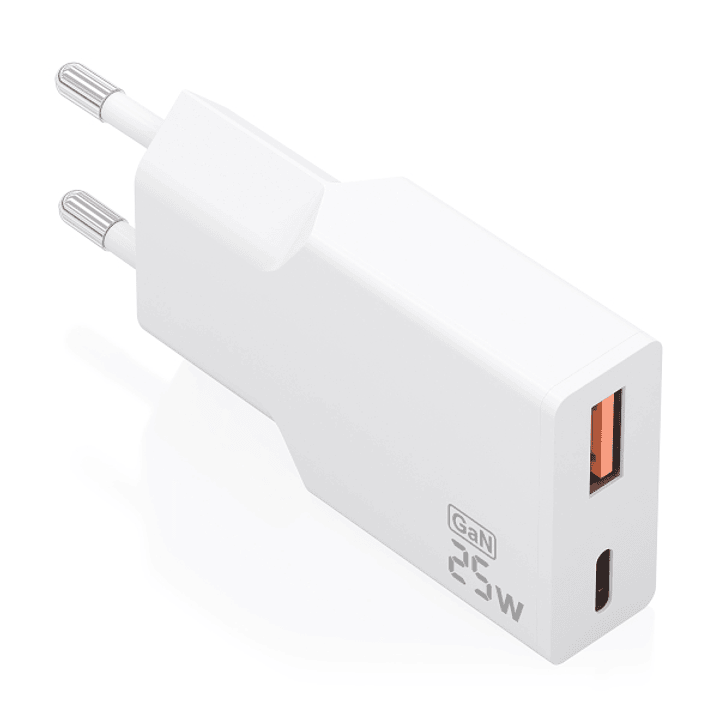 Aisens Cargador de Pared - 25W - GaN - 1xUSB-C - 1xUSB-A - Power Delivery 3.0 - Ultra Delgado - Multiples Protecciones de Seguridad - Color Blanco 1