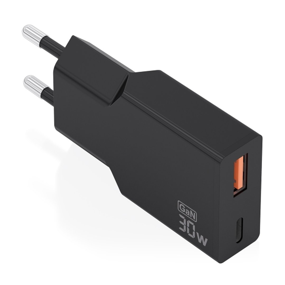 Aisens Cargador de Pared - 30W - GaN - 1xUSB-C - 1xUSB-A - Power Delivery 3.0 - Ultra Delgado - Multiples Protecciones de Seguridad - Color Negro 1